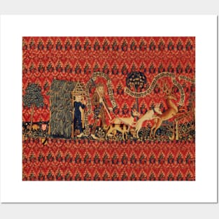 WILD PEOPLE IN DEER HUNT Antique Red Floral Tapestry with Animals Posters and Art